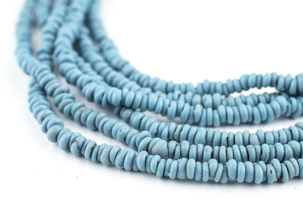 The Bead Chest Sky Blue 4mm Glass Heishi Beads - 23" Strand of Indonesian Java Spacer Beads for Crafts & Jewelry Making